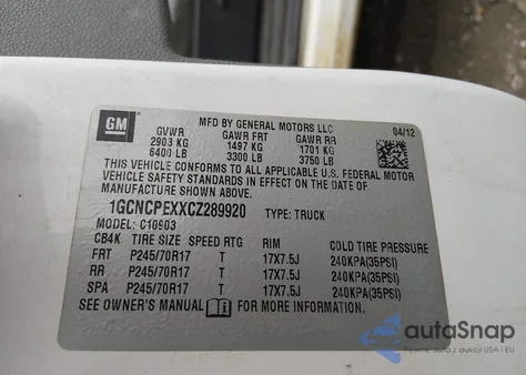 2012 Chevrolet Silverado 1500 Work Truck from USA, damaged, VIN 1GCNCPEXXCZ289920